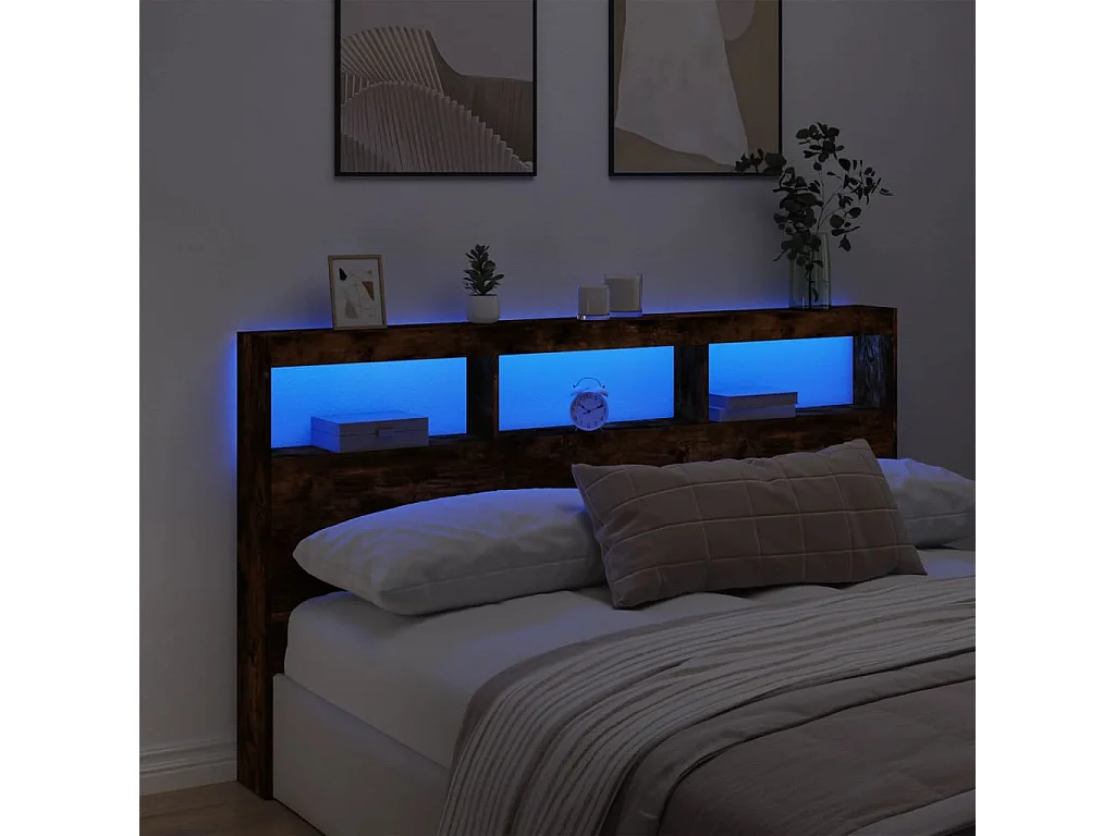 Armoire tête de lit avec LED chêne fumé 180x17x102