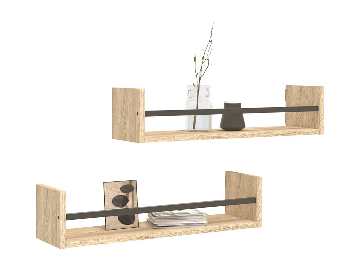 Étagères murales avec barres 2 pcs chêne sonoma 60x16x14