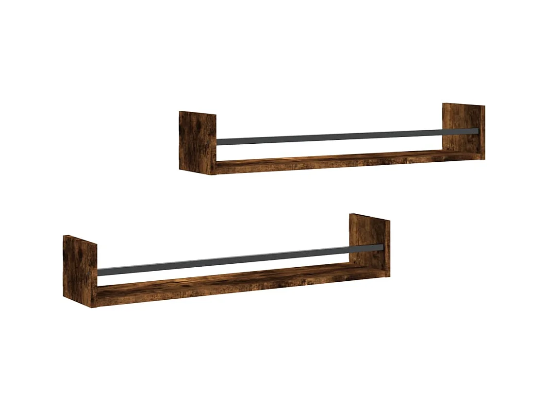 Étagères murales avec barres 2 pcs chêne fumé 80x16x14