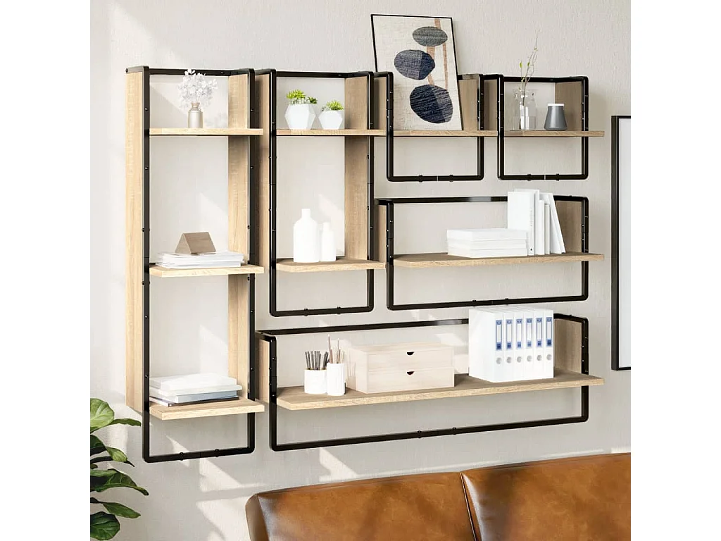 Ensemble d'étagères murales avec barres 6 pcs chêne sonoma