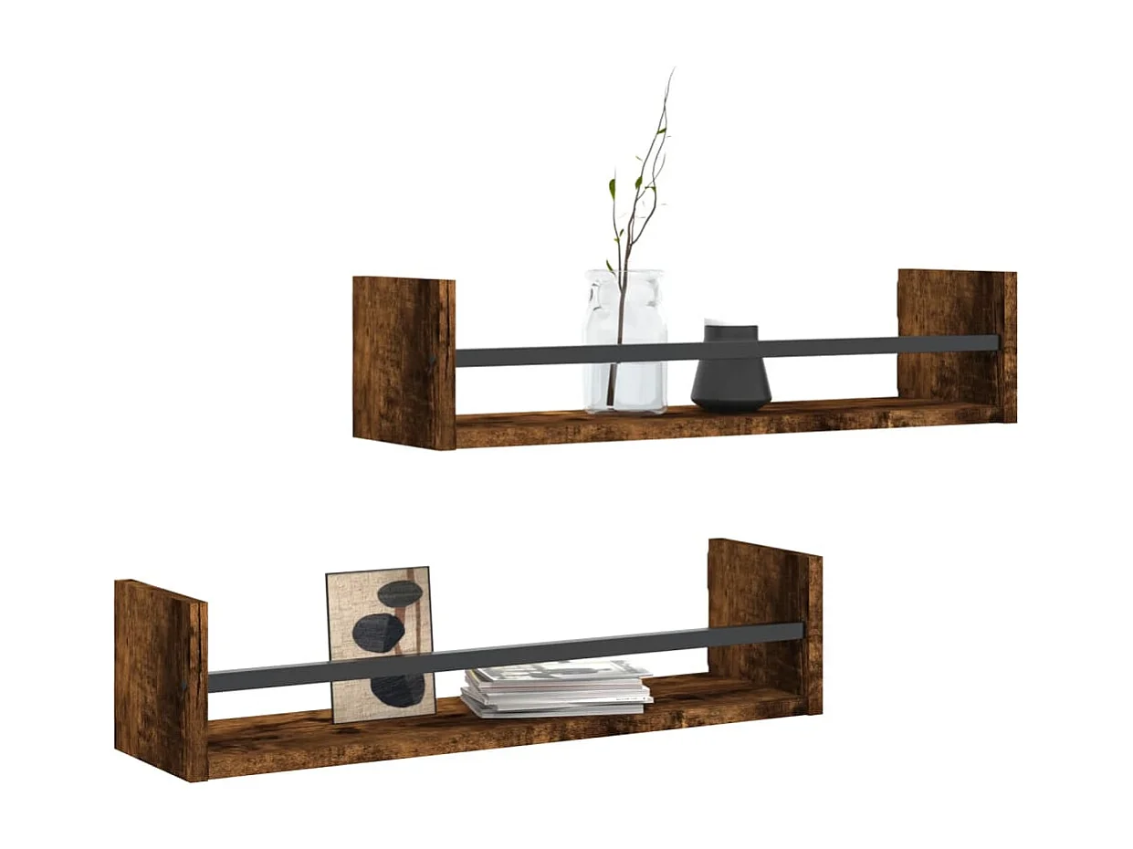 Étagères murales avec barres 2 pcs chêne fumé 60x16x14