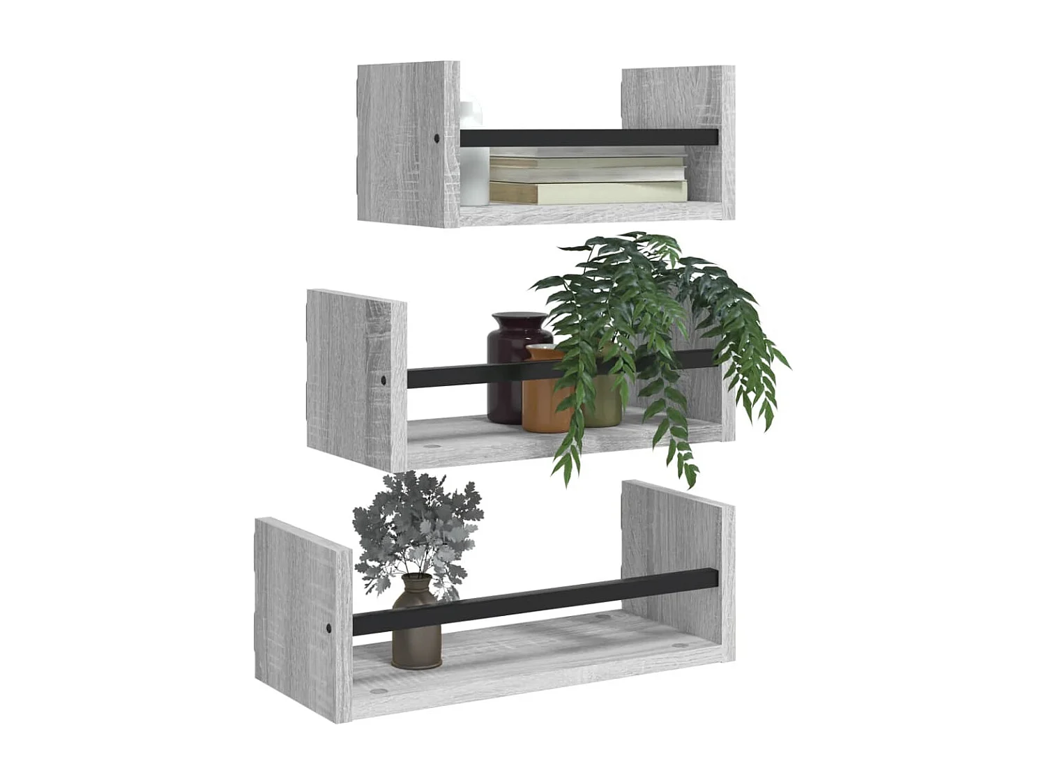Ensemble d'étagères murales avec barres 3 pcs sonoma gris