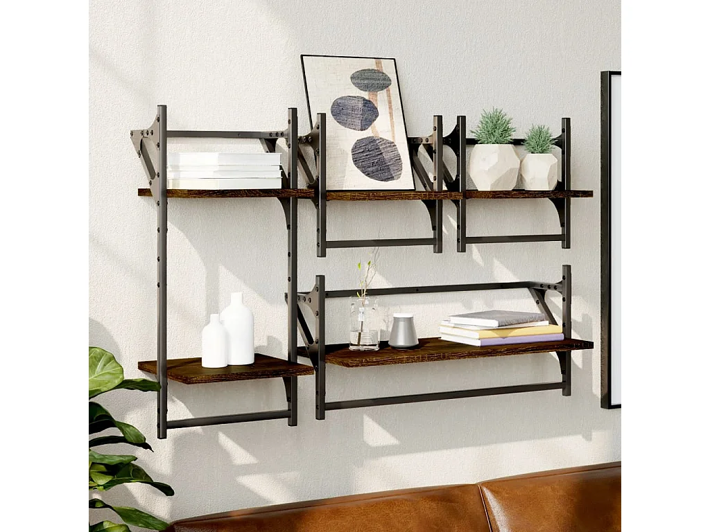 Ensemble d'étagères murales avec barres 4 pcs chêne marron
