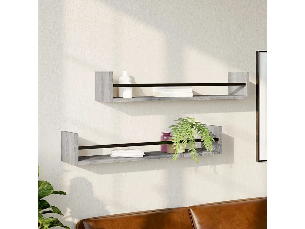 Étagères murales avec barres 2 pcs sonoma gris 80x16x14