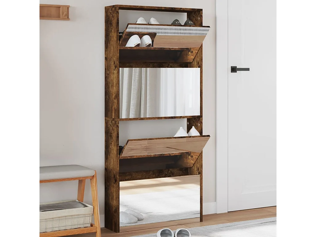 Armoire à chaussures miroir à 4 niveaux chêne fumé 63x17x134