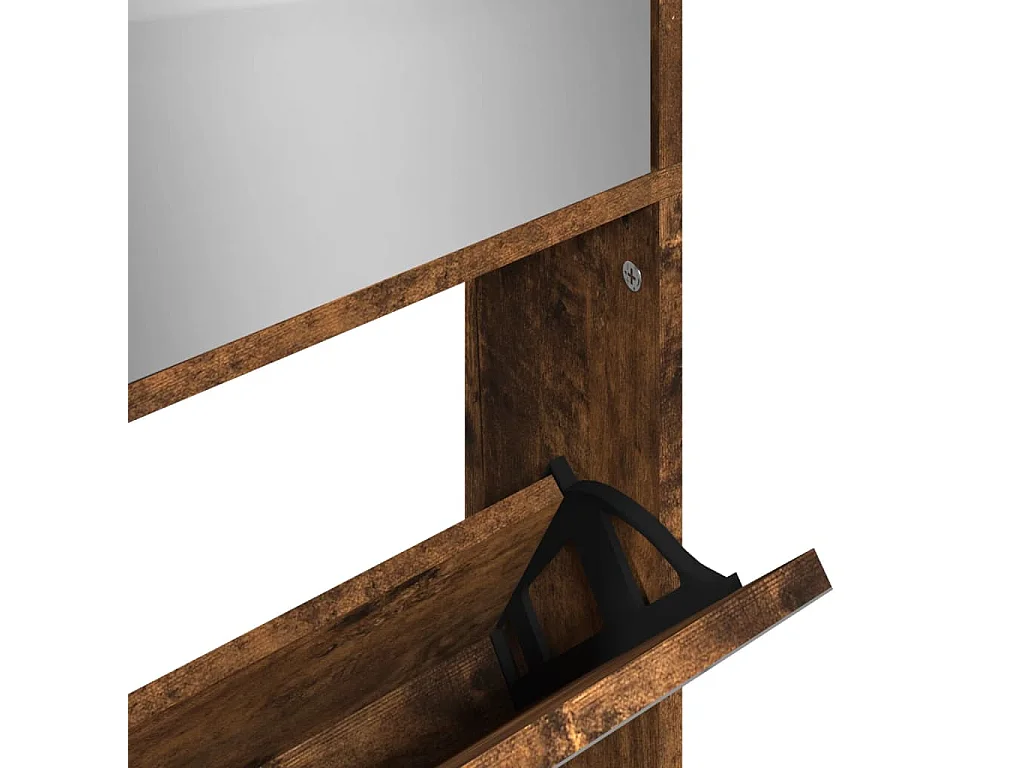Armoire à chaussures miroir à 4 niveaux chêne fumé 63x17x134
