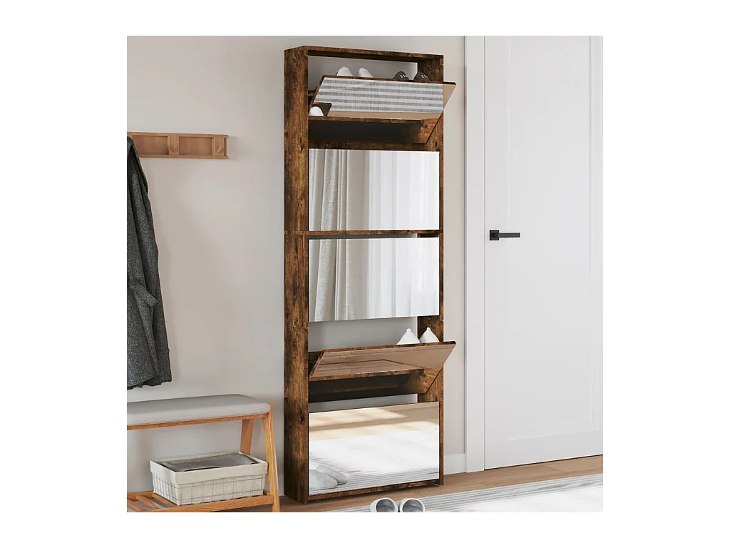 Armoire à chaussures miroir 5 niveaux chêne fumé 63x17x169,5