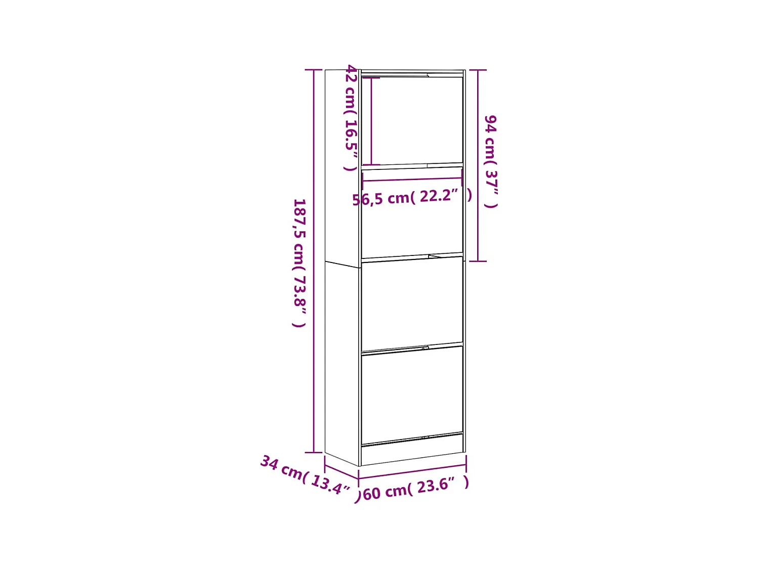 Armoire à chaussures 4 tiroirs rabattables blanc 60x34x187,5