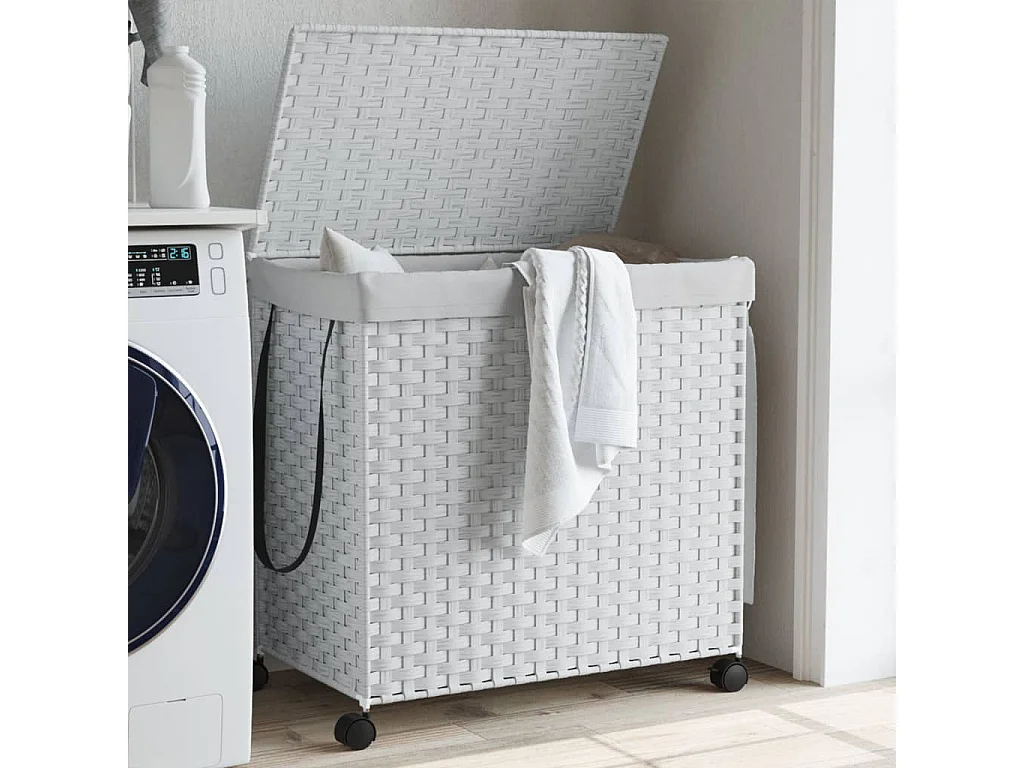 Panier à linge avec roulettes blanc 60x35x60,5 résine tressée