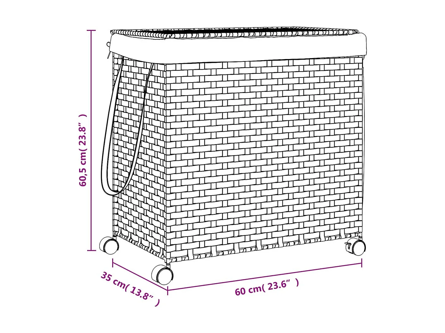 Panier à linge avec roulettes 60x35x60,5 résine tressée