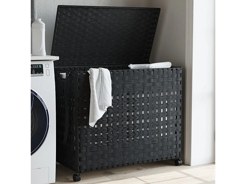 Panier à linge avec roulettes noir 66x35x60 résine tressée