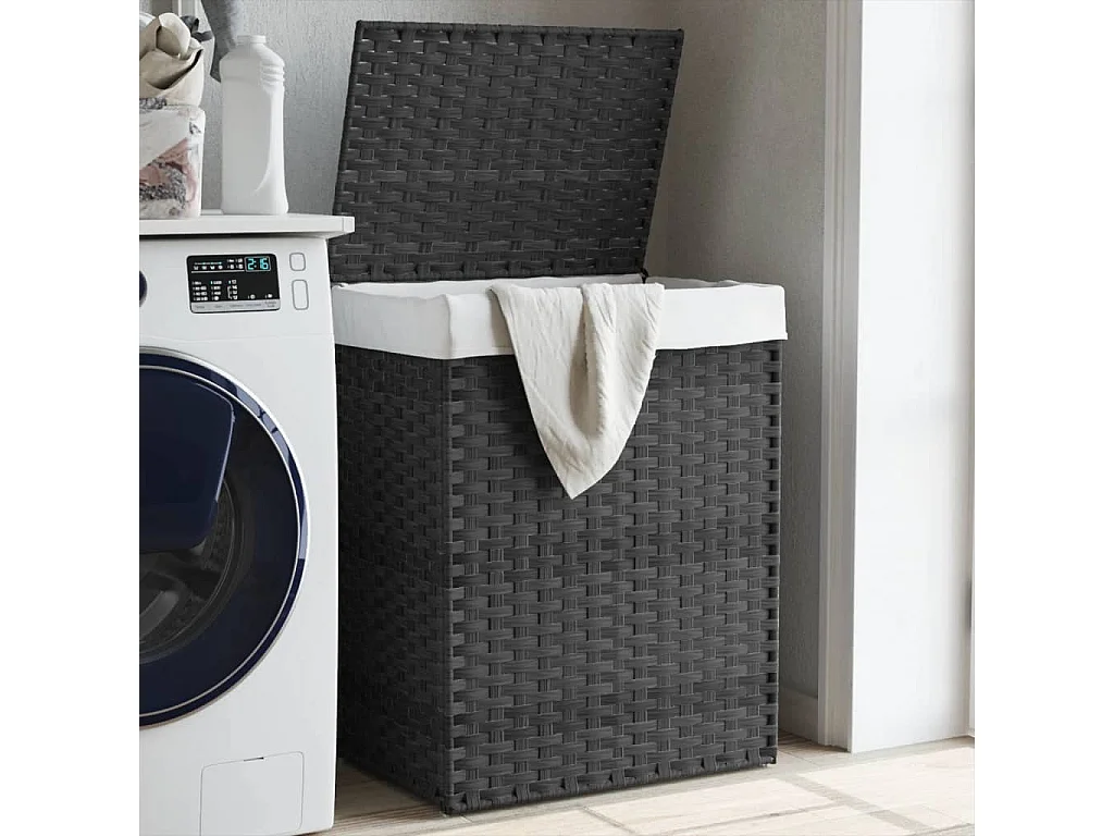 Panier à linge avec couvercle gris 46x33x60 résine tressée