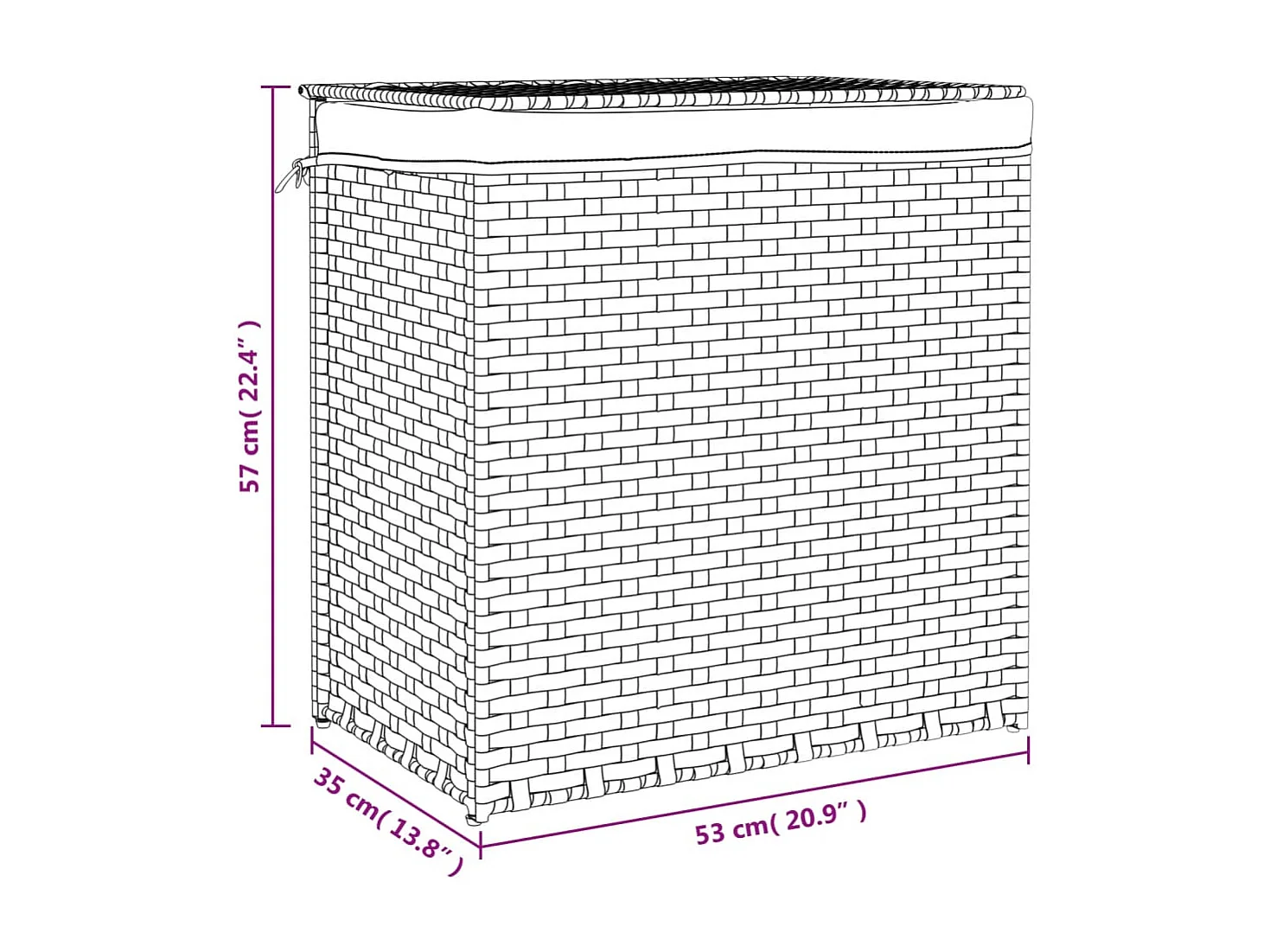 Panier à linge avec 2 sections noir 53x35x57 résine tressée