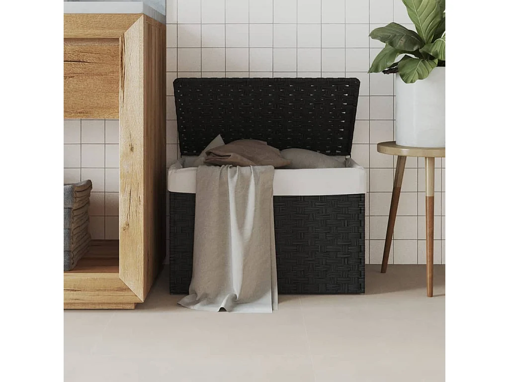 Panier à linge avec couvercle noir 55,5x35x34 résine tressée