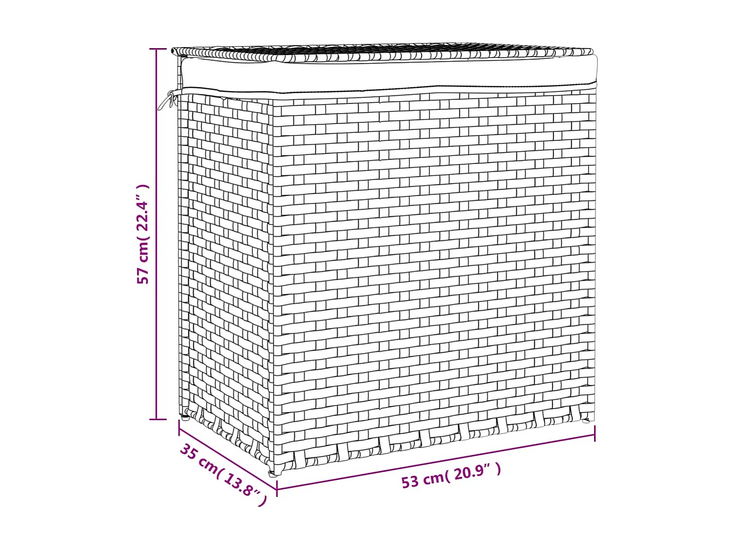 Panier à linge avec 2 sections gris 53x35x57 résine tressée