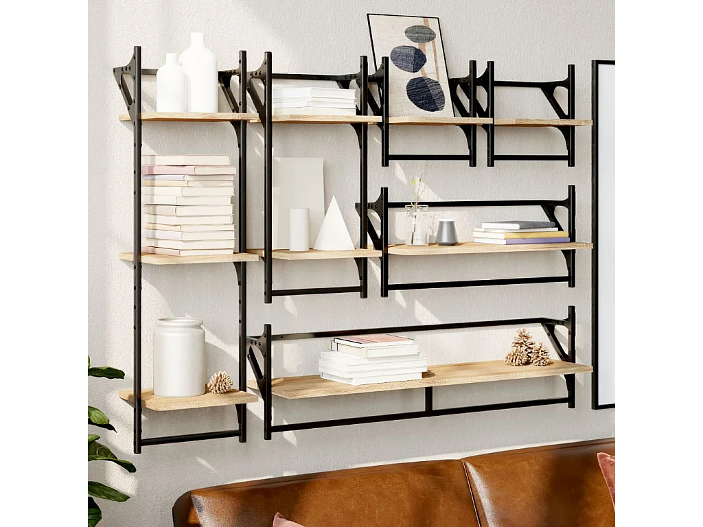 Ensemble d'étagères murales avec barres 6 pcs chêne sonoma