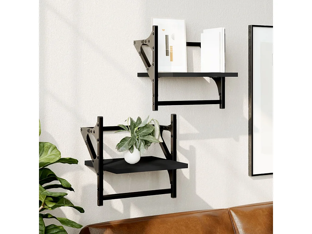 Étagères murales avec barres 2 pcs noir 30x25x30