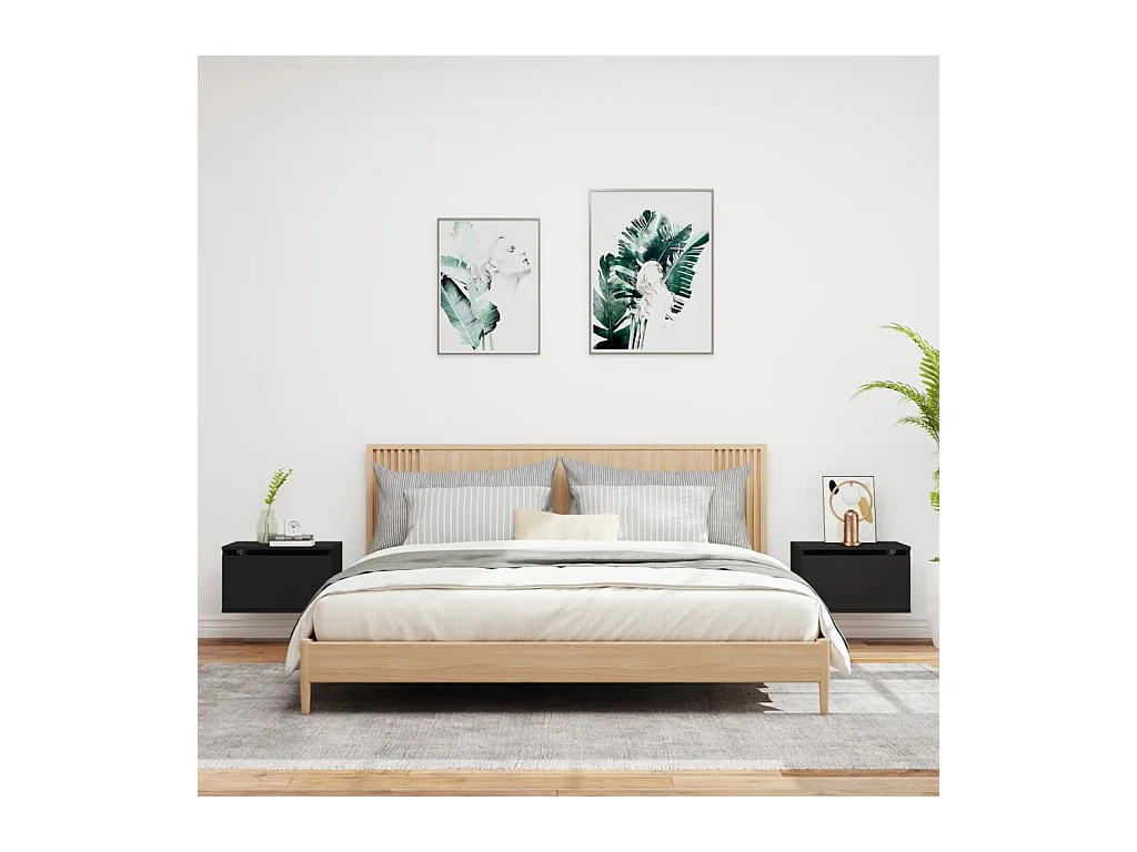 Tables de chevet murales avec lumières LED 2 pcs noir