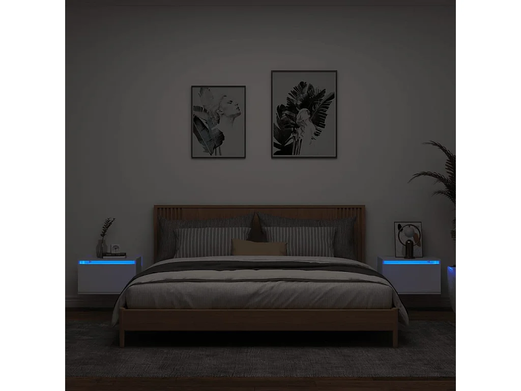 Tables de chevet murales avec lumières LED 2 pcs blanc