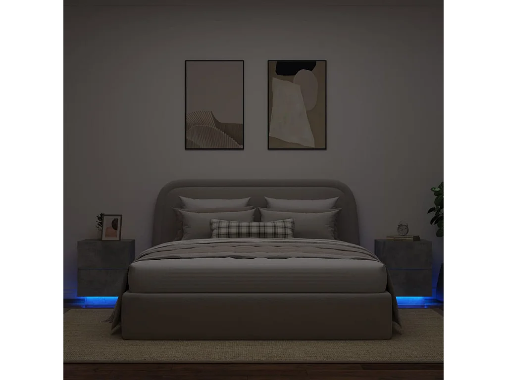 Armoires de chevet et lumières LED 2 pcs gris béton