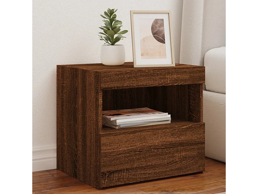 Table de chevet avec lumières LED chêne marron 50x40x45