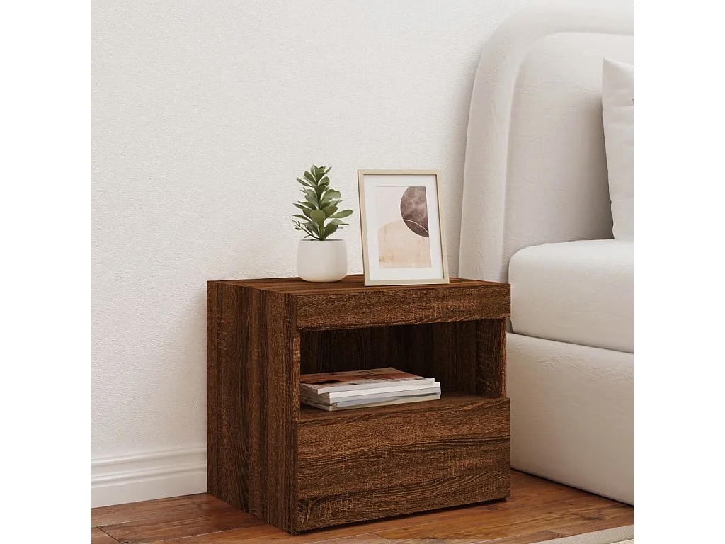 Table de chevet avec lumières LED chêne marron 50x40x45