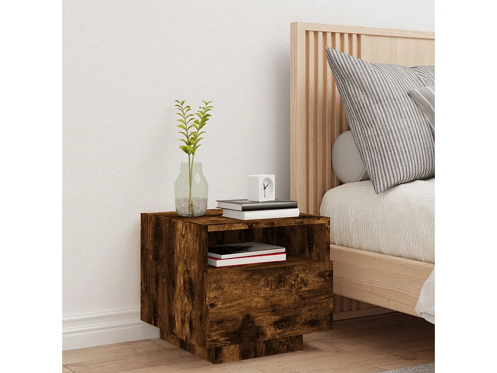 Table de chevet avec lumières LED chêne fumé 40x39x37