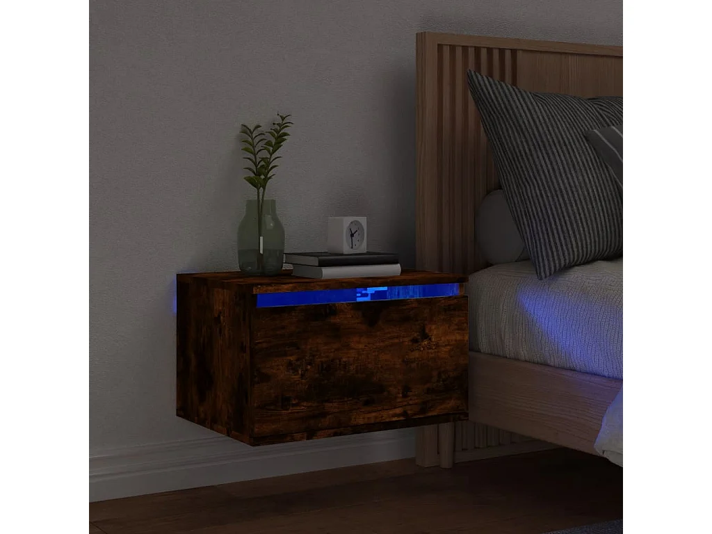 Table de chevet murale avec lumières LED chêne fumé