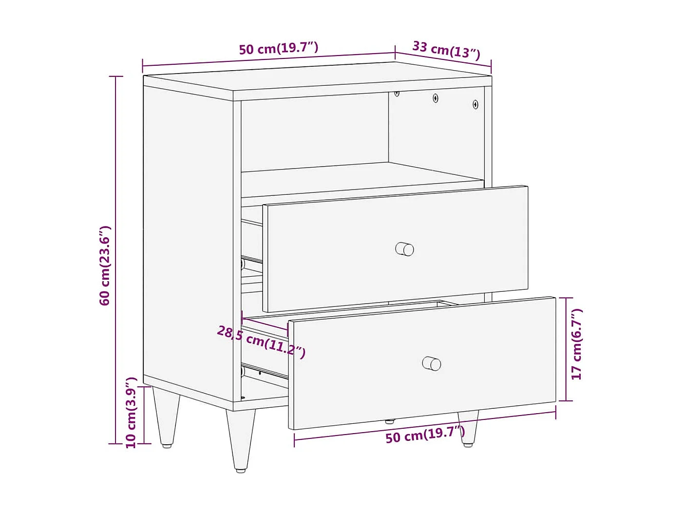 Table de chevet 50x33x60 bois de manguier massif