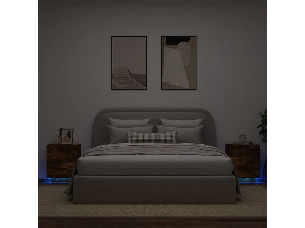 Armoires de chevet et lumières LED 2 pcs chêne fumé