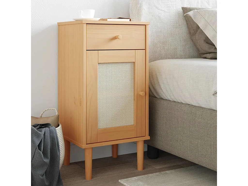 Table de chevet SENJA aspect de rotin marron bois de pin massif