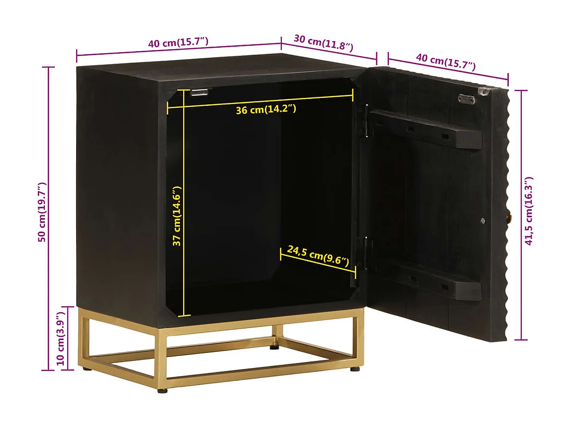 Table de chevet noir 40x30x50 bois massif manguier et fer