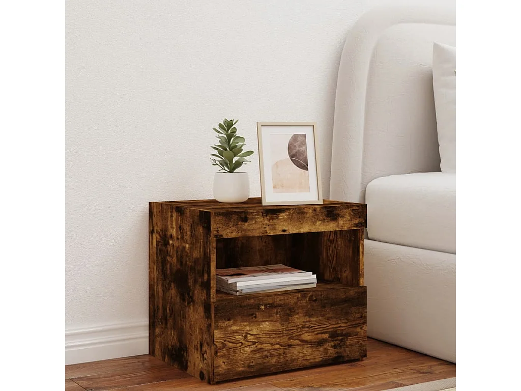 Table de chevet avec lumières LED chêne fumé 50x40x45