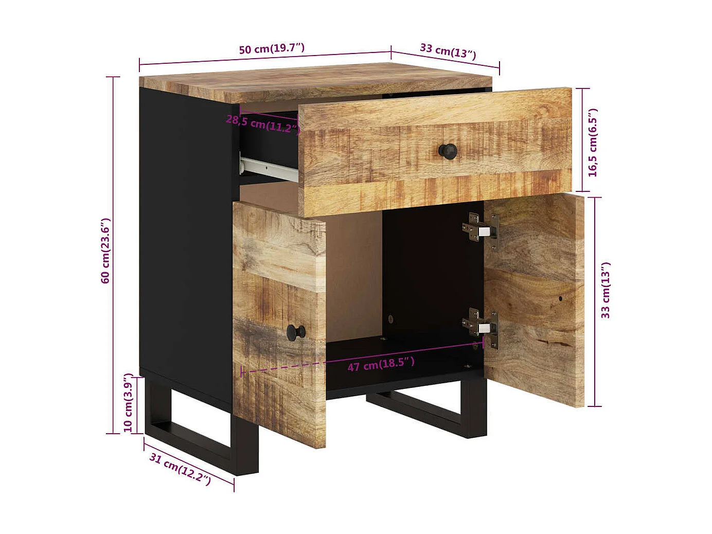 Table de chevet 50x33x60 Bois de manguier et d'ingénierie