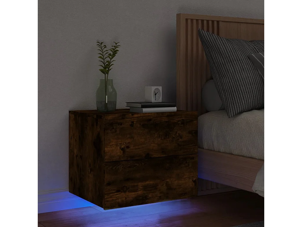 Table de chevet murale avec lumières LED chêne fumé
