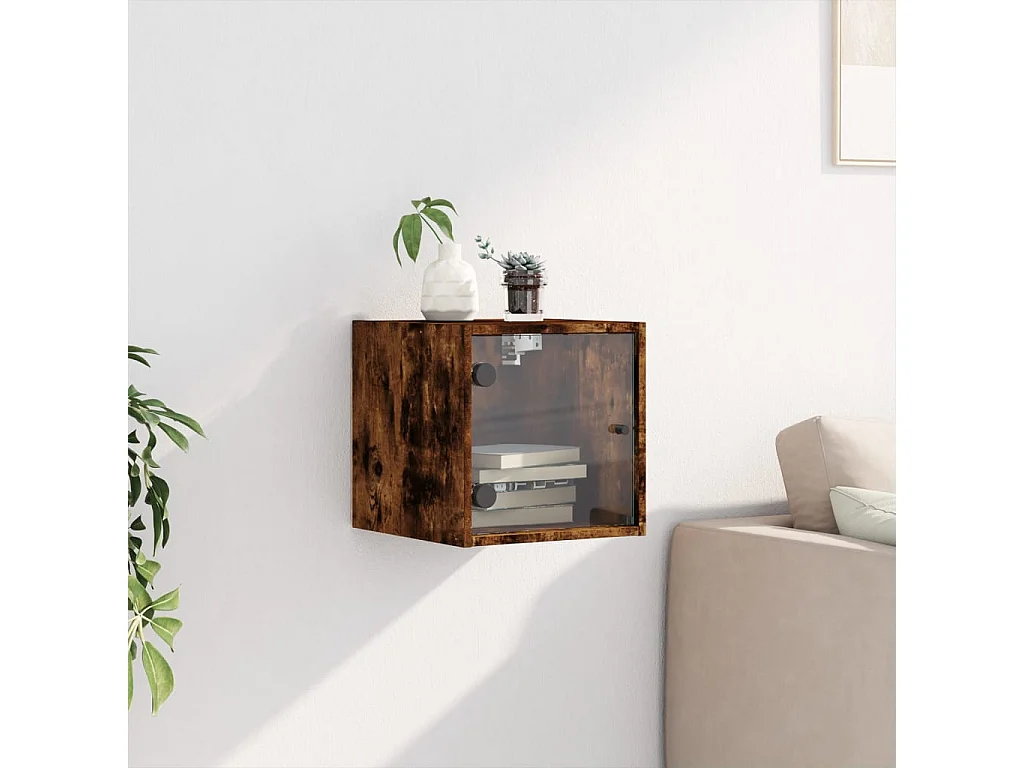 Table de chevet avec porte en verre chêne fumé 35x37x35