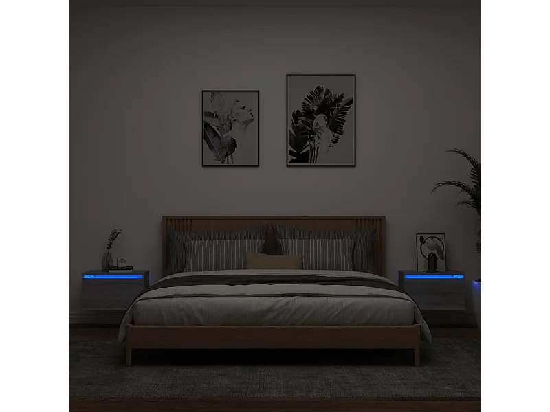 Tables de chevet murales avec lumières LED 2 pcs sonoma gris
