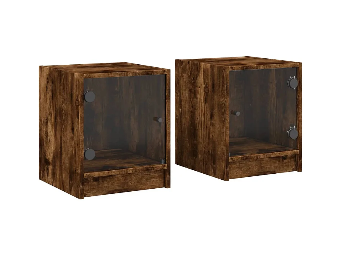 Tables de chevet et portes vitrées 2 pcs chêne fumé 35x37x42