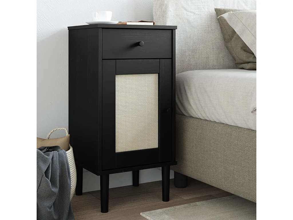 Table de chevet SENJA aspect de rotin noir bois de pin massif