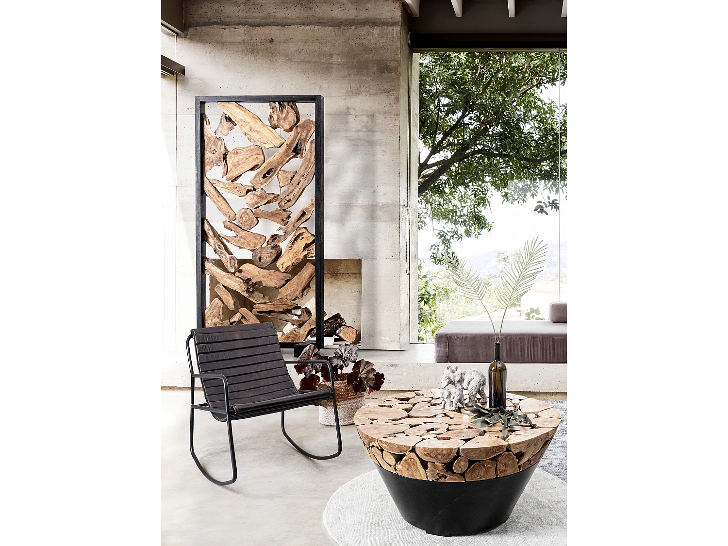 Paravent en racines de teck et acier noir Greka 100cm