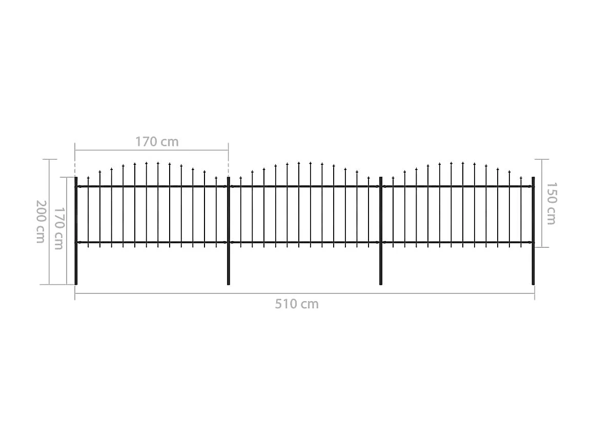 Clôture de jardin à dessus en lance Acier (1,25-1,5)x5,1 m Noir
