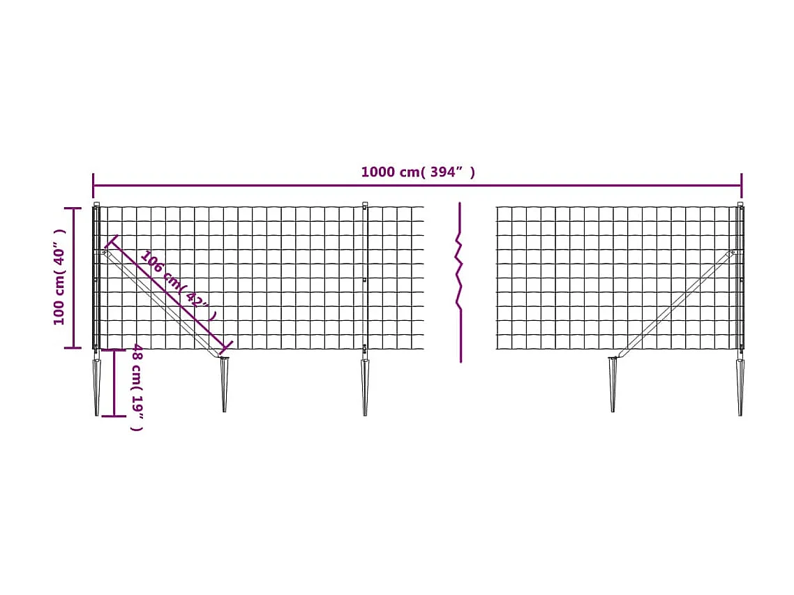 Clôture en treillis métallique et piquet d'ancrage vert 1x10m