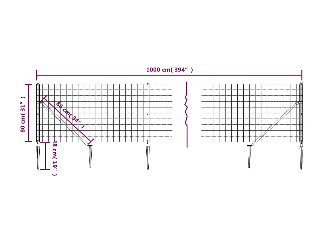 Clôture en treillis métallique et piquet d'ancrage vert 0,8x10m