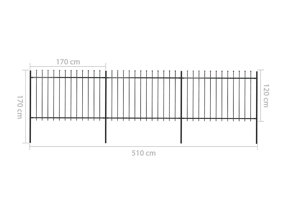 Clôture de jardin avec dessus en lance Acier 5,1 x 1,2 m Noir