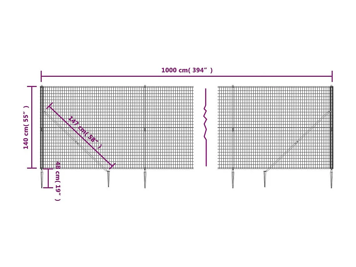 Clôture en treillis métallique et ancrage anthracite 1,4x10 m