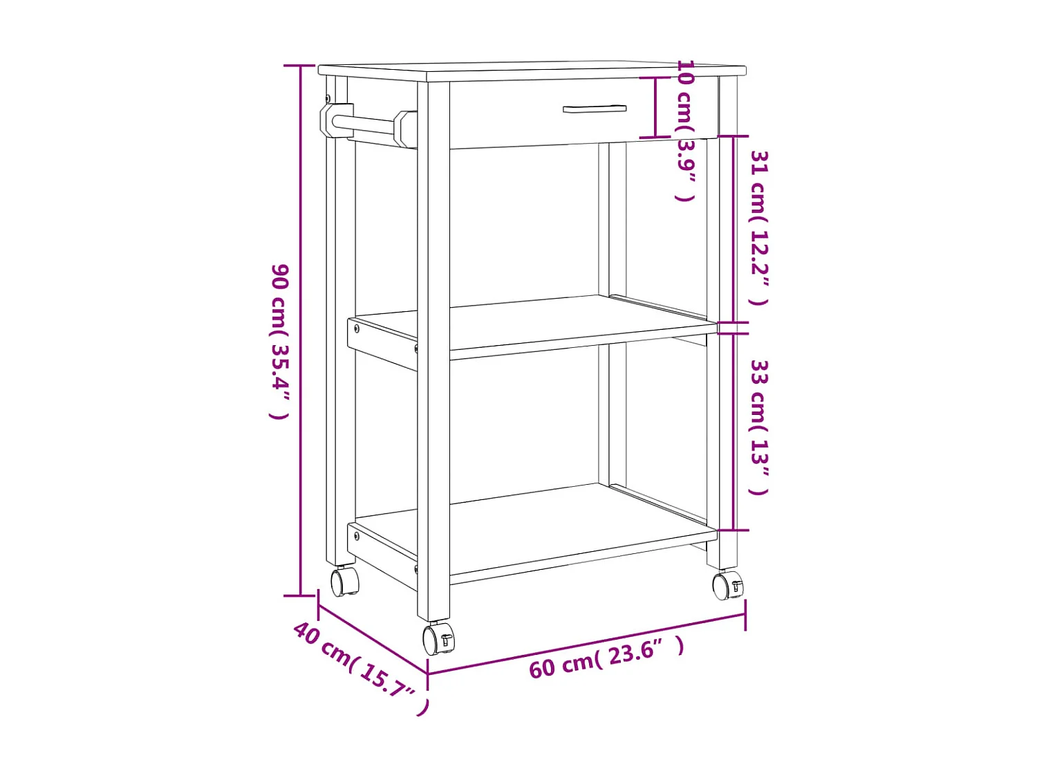 Chariot de cuisine MONZA 60x40x90 bois massif de pin