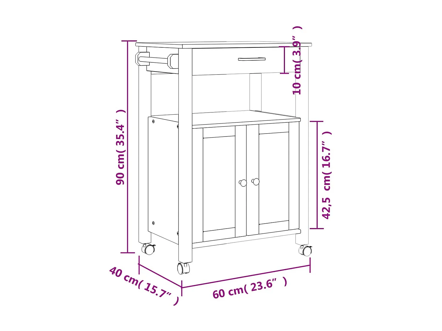 Chariot de cuisine MONZA 60x40x90 bois massif de pin
