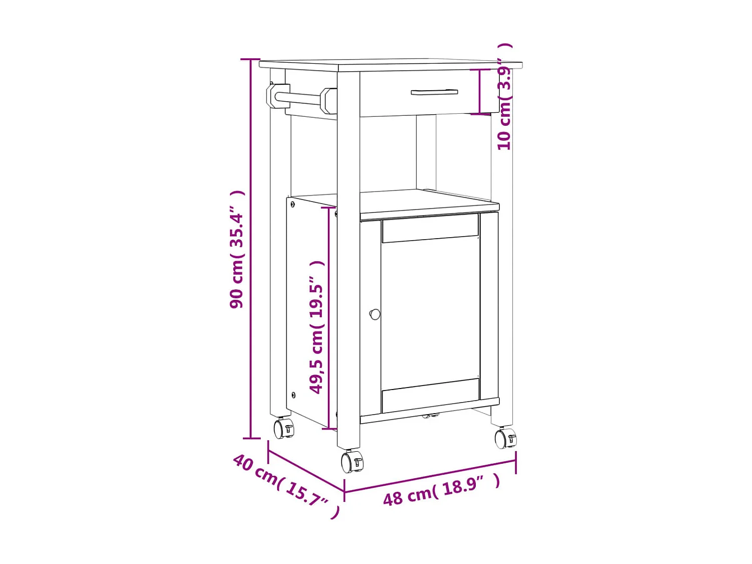 Chariot de cuisine MONZA 48x40x90 bois massif de pin