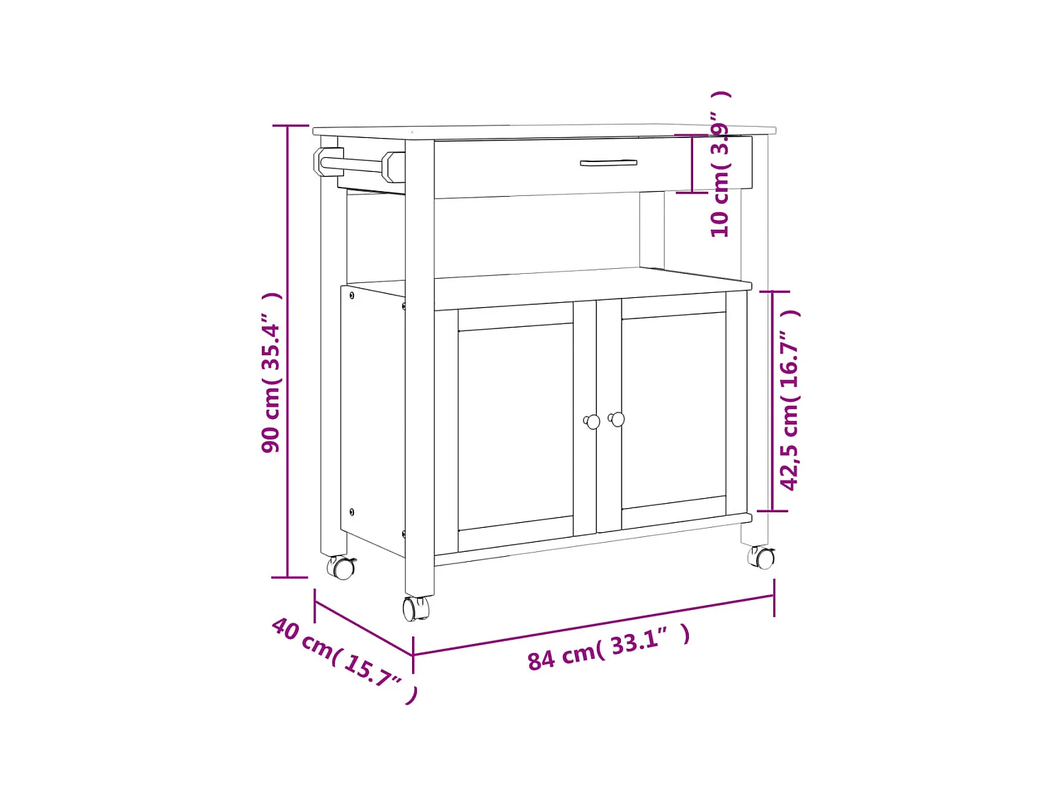 Chariot de cuisine MONZA 84x40x90 bois massif de pin