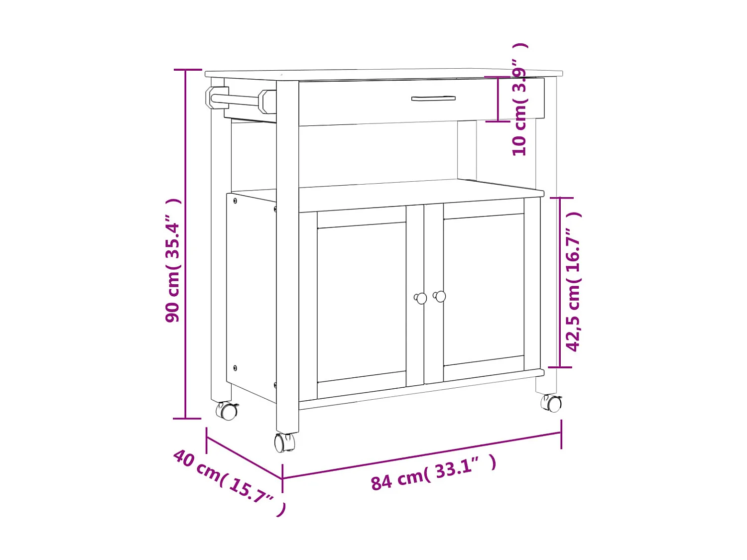 Chariot de cuisine MONZA 84x40x90 bois massif de pin